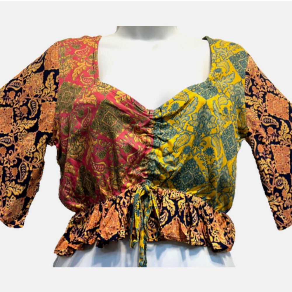 Nwt SACRED THREADS boho hippy floral patch rayon smocked crop TOP S/M